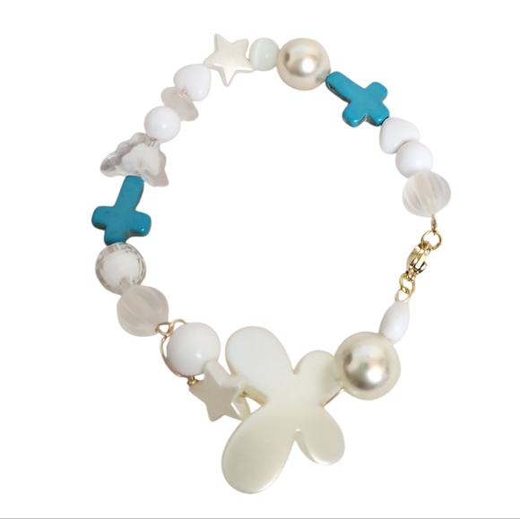 Turquoise Cross Acrylic Butterfly Star Disco Ball Heart Wire Pearl Bracelet - Picture 2 of 4